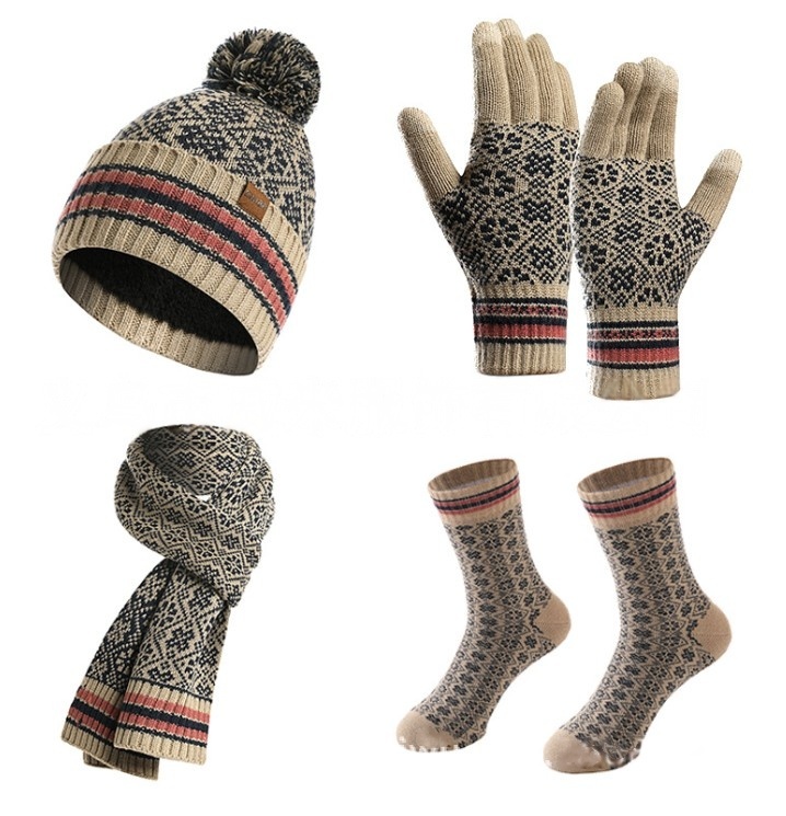 "Women 4 Pieces Winter Beanie Hat Scarf Touch Screen Gloves Warm Socks Set "